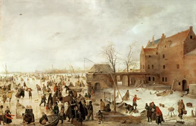 En scen på isen nära en stad, ca 1615